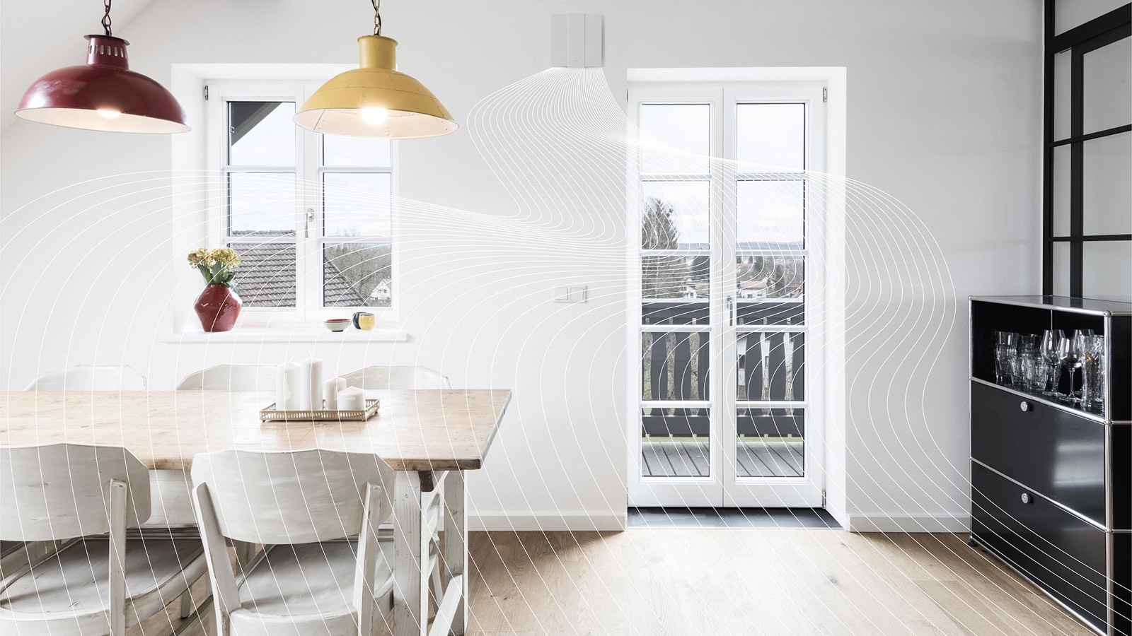 Dezentrale Wohnraumlüftung mit sichtbaren Luftströmen im Neubau